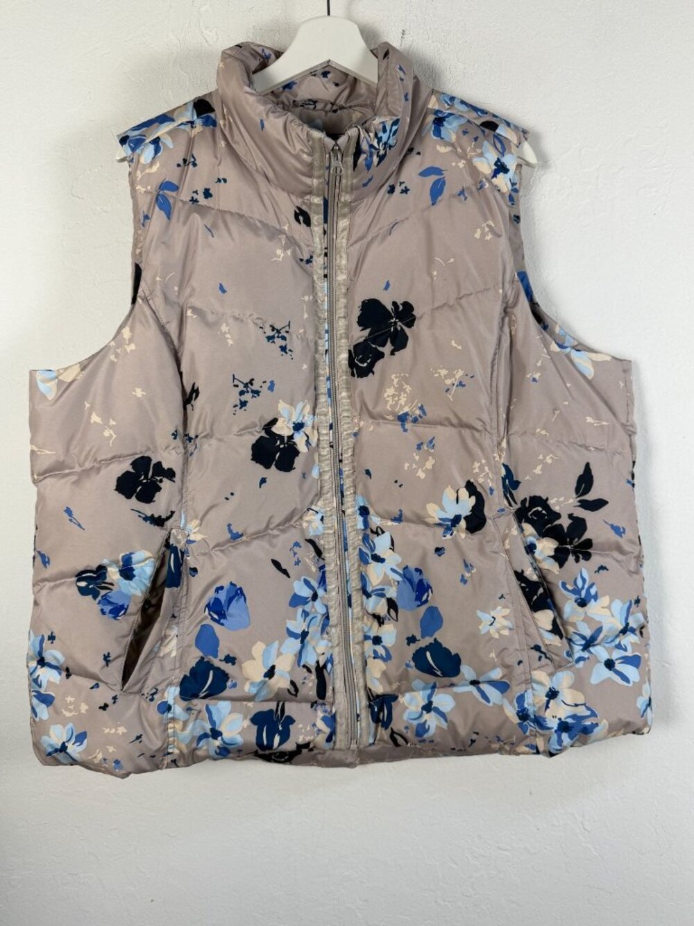 Lands' End Women Quilted Puffer Vest Spade Blue Floral Taupe Pockets Full Zip 2X
